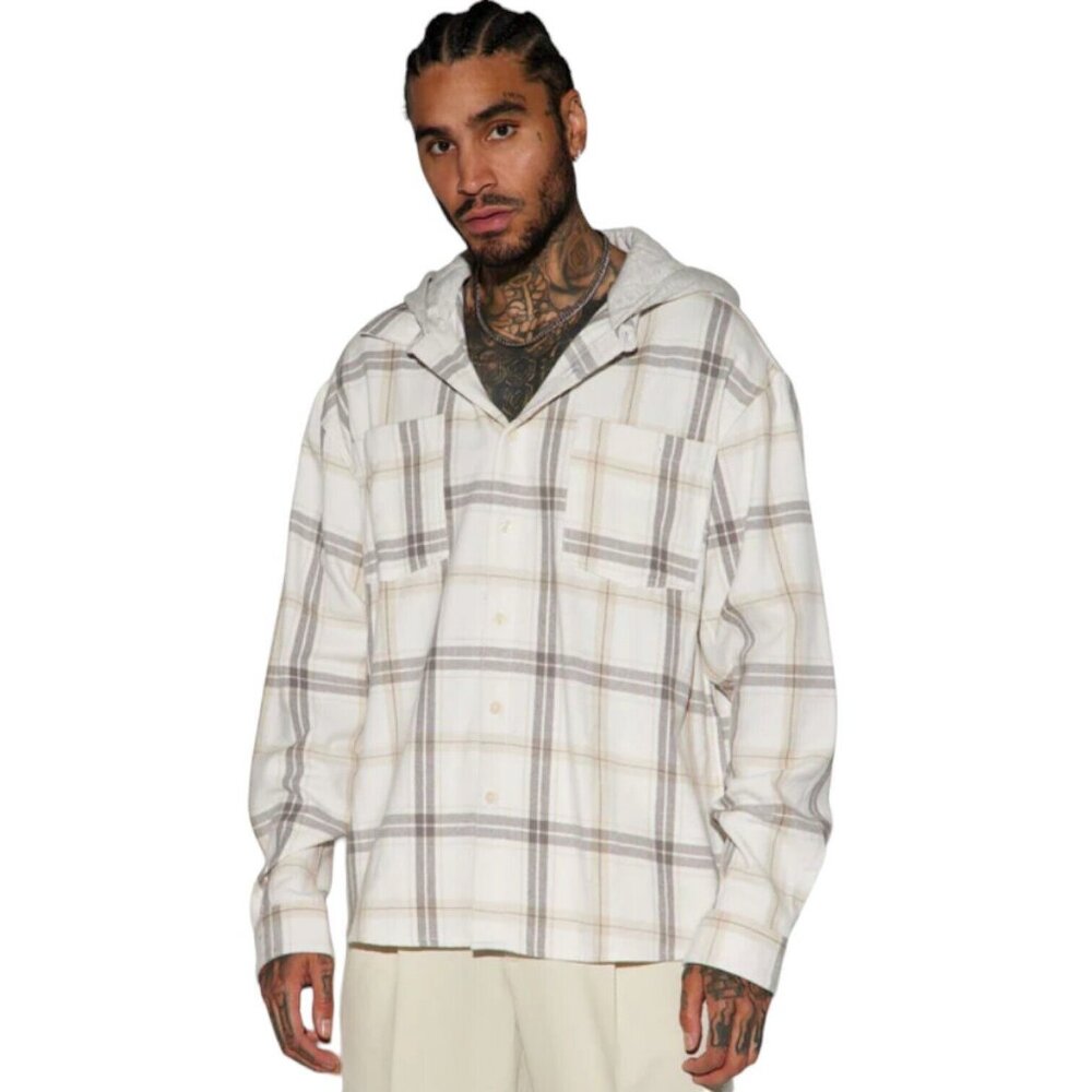 Time Gon Tell Hooded Oversized Shacket Jacket Flannel Cream Men's